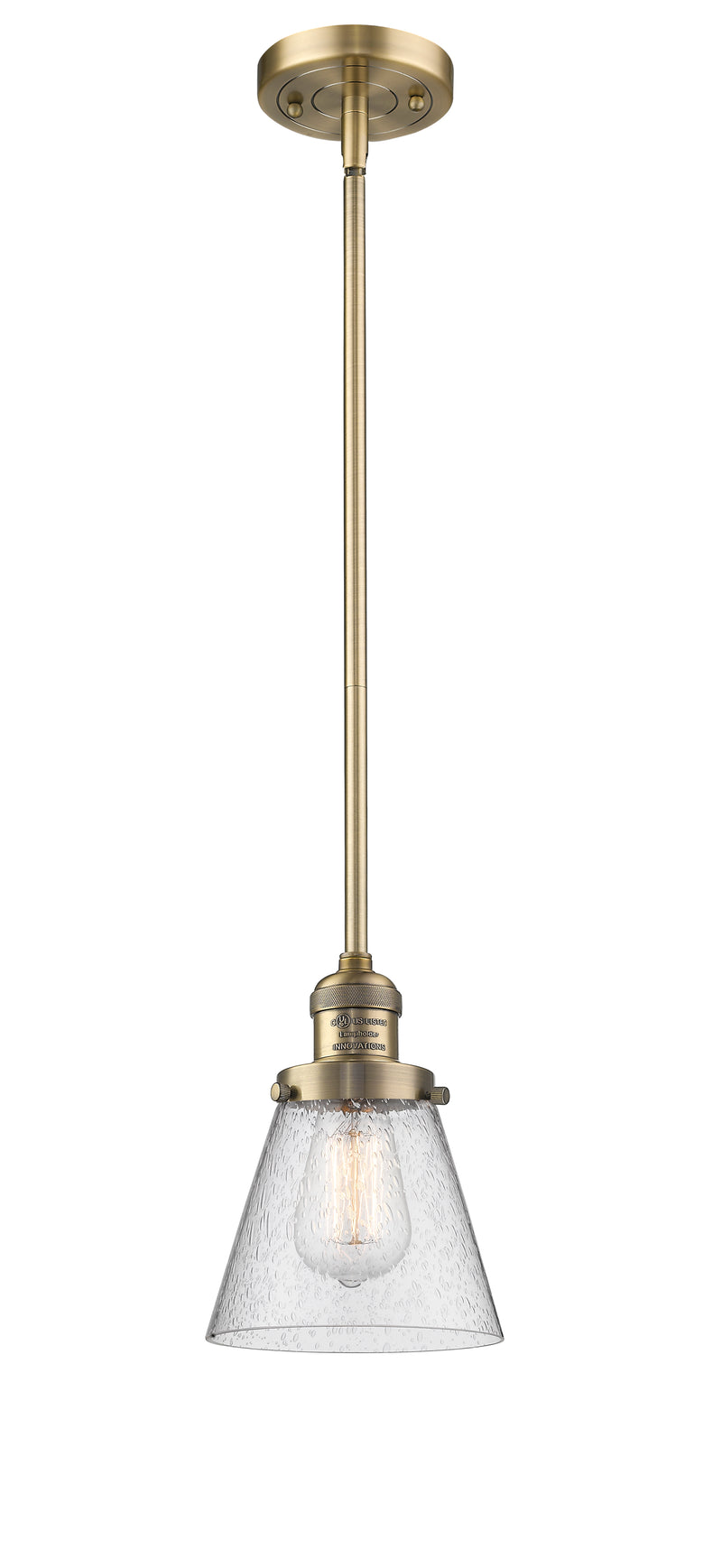 Innovations Lighting Small Cone 1-100 watt 6 inch Brushed Brass Mini Pendant with Seedy glass and Solid Brass Hang Straight Swivel 201SBBG64