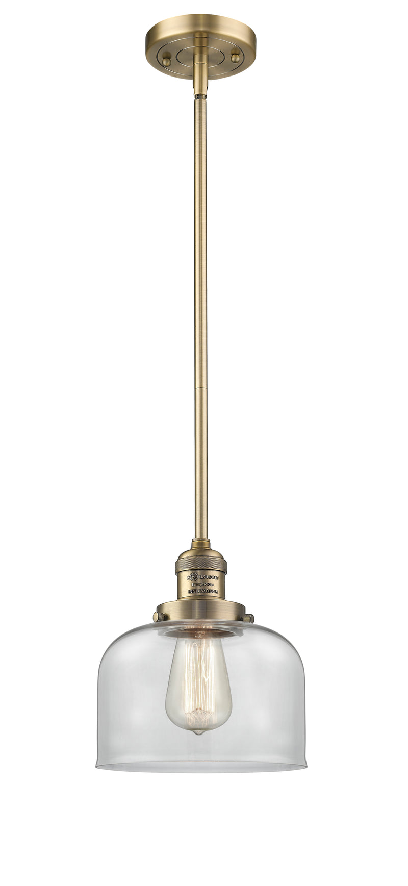 Innovations Lighting Large Bell 1-100 watt 8 inch Brushed Brass Mini Pendant with Clear glass and Solid Brass Hang Straight Swivel 201SBBG72