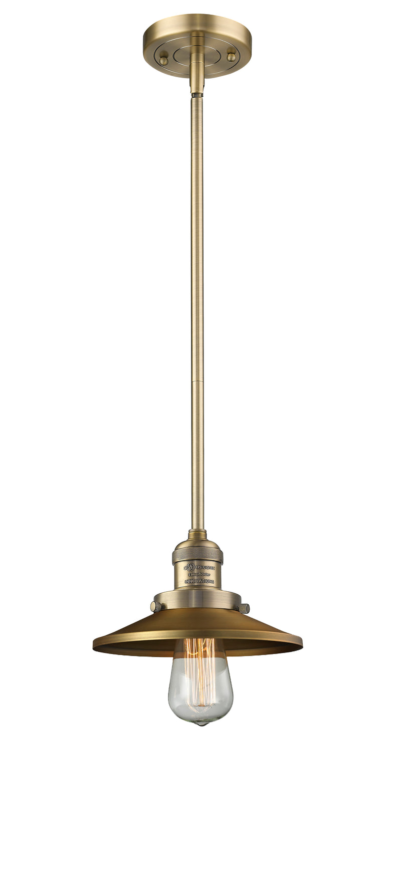 Innovations Lighting Railroad 1-100 watt 8 inch Brushed Brass Mini Pendant with Brushed Brass Railroad shades and Solid Brass Hang Straight Swivel 201SBBM4