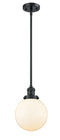 Innovations Lighting Beacon 1-100 watt 8 inch Black Mini Pendant with Matte White Cased glass and Solid Brass Hang Straight Swivel 201SBKG2018