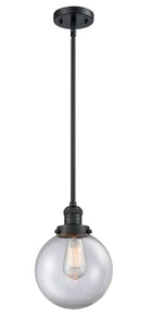 Innovations Lighting Beacon 1-100 watt 8 inch Black Mini Pendant with Clear glass and Solid Brass Hang Straight Swivel 201SBKG2028