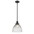 Seneca Falls Mini Pendant shown in the Matte Black finish with a Clear Halophane shade