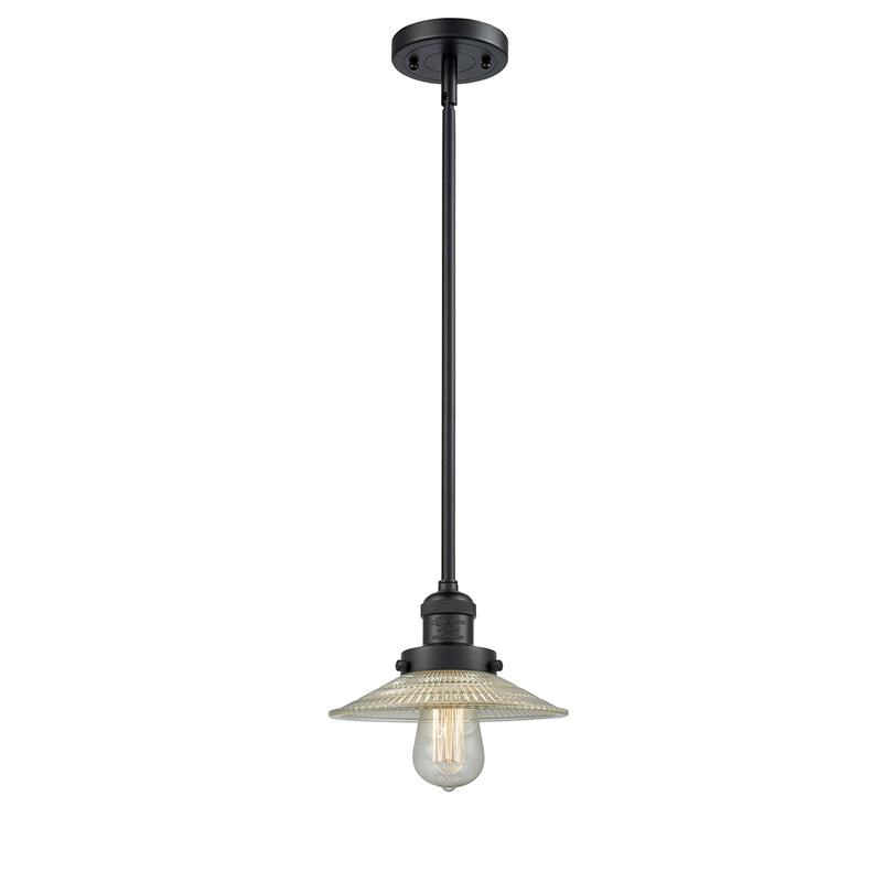 Halophane Mini Pendant shown in the Matte Black finish with a Clear Halophane shade