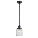 Colton Mini Pendant shown in the Matte Black finish with a Clear Halophane shade