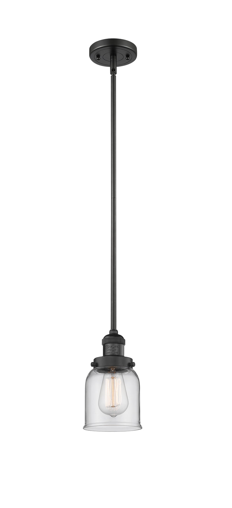 Innovations Lighting Small Bell 1-100 watt 5 inch Black Mini Pendant with Clear glass and Solid Brass Hang Straight Swivel 201SBKG52