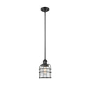 Bell Cage Mini Pendant shown in the Matte Black finish with a Seedy shade