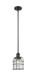 Innovations Lighting Small Bell Cage 1-100 watt 8 inch Black Mini Pendant with Seedy glass and Solid Brass Hang Straight Swivel 201SBKG54CE