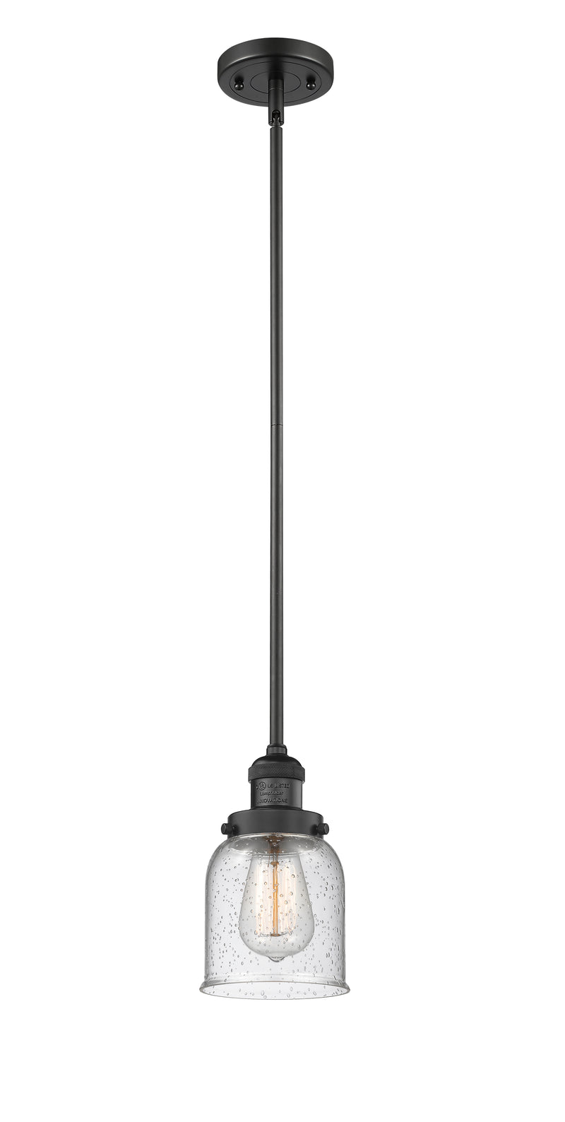 Innovations Lighting Small Bell 1-100 watt 5 inch Black Mini Pendant with Seedy glass and Solid Brass Hang Straight Swivel 201SBKG54