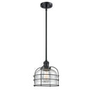 Bell Cage Mini Pendant shown in the Matte Black finish with a Seedy shade