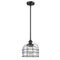 Bell Cage Mini Pendant shown in the Matte Black finish with a Seedy shade