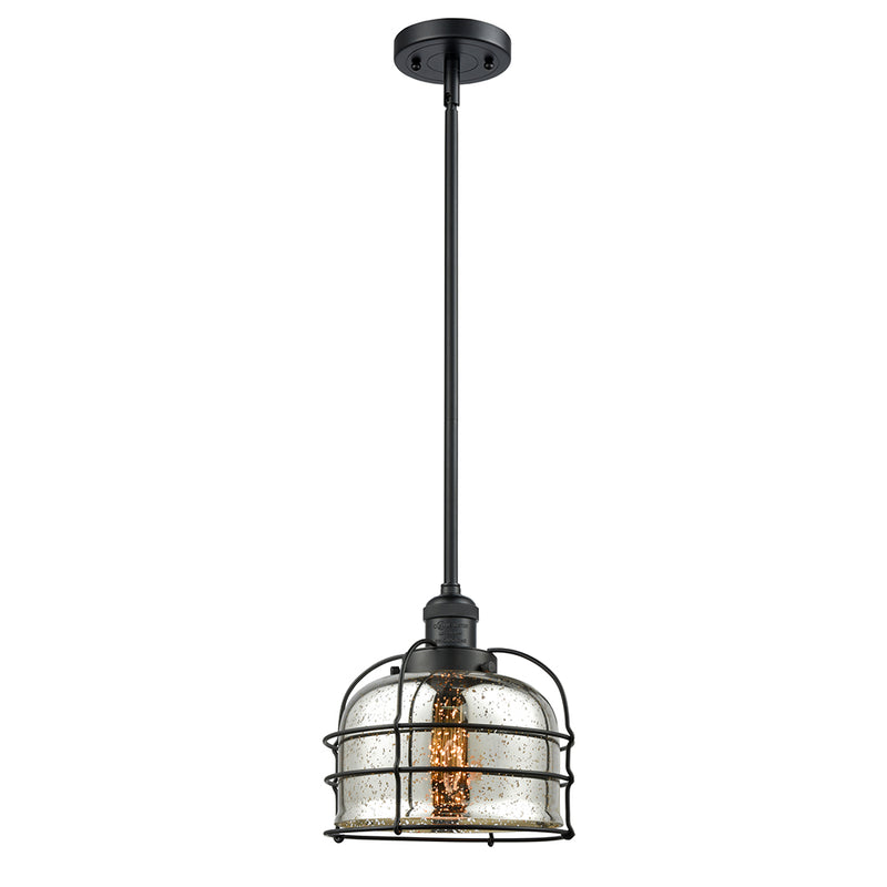 Bell Cage Mini Pendant shown in the Matte Black finish with a Silver Plated Mercury shade