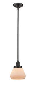 Innovations Lighting Fulton 1-100 watt 7 inch Oil Rubbed Bronze Mini Pendant with Matte White Cased glass and Solid Brass Hang Straight Swivel 201SOBG171