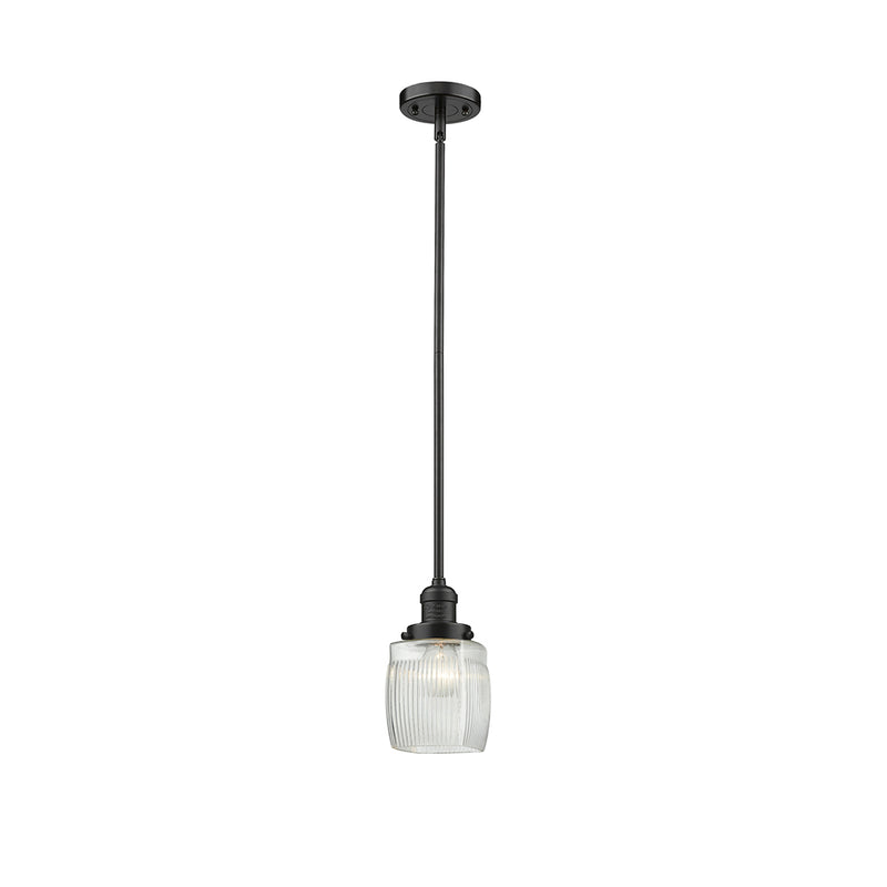 Colton Mini Pendant shown in the Oil Rubbed Bronze finish with a Clear Halophane shade