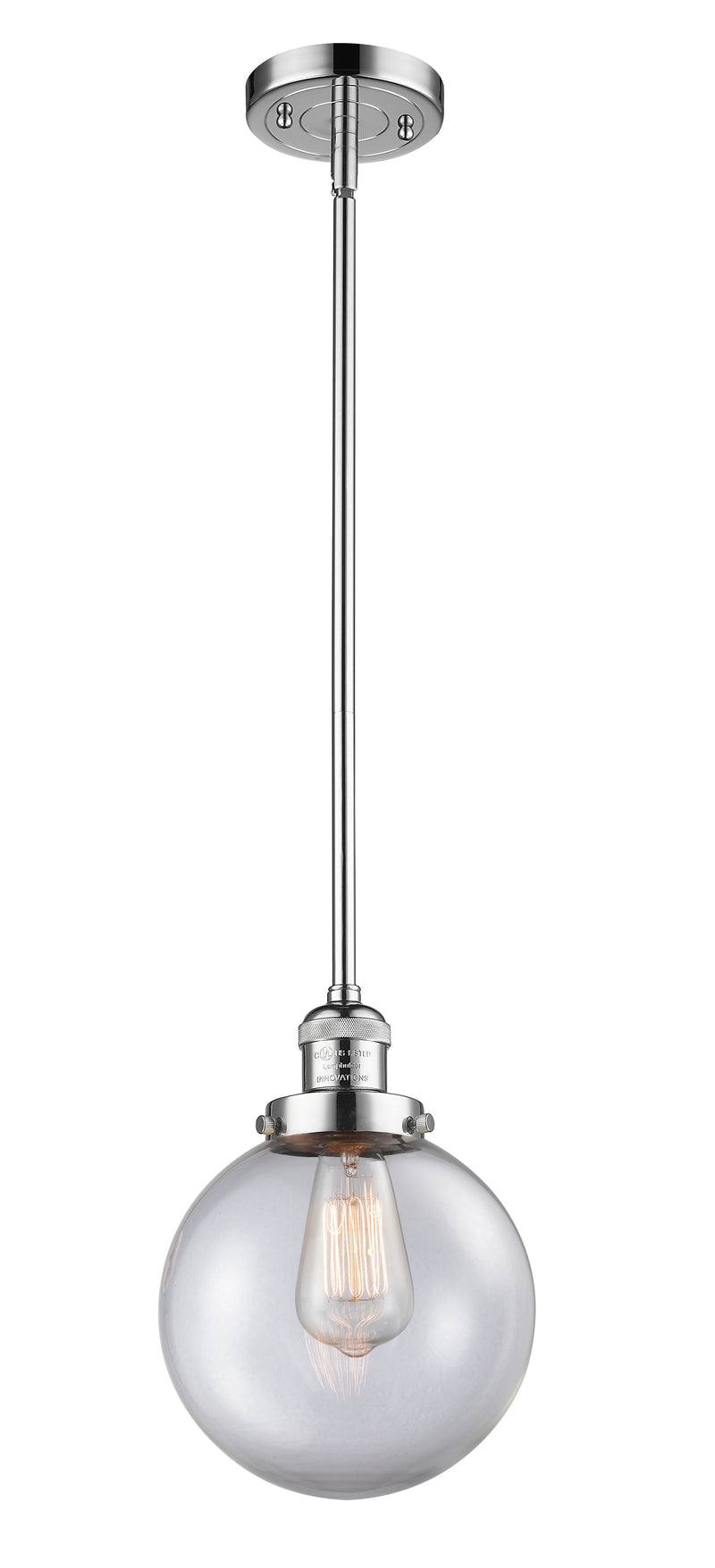 Innovations Lighting Beacon 1-100 watt 8 inch Polished Chrome Mini Pendant with Clear glass and Solid Brass Hang Straight Swivel 201SPCG2028