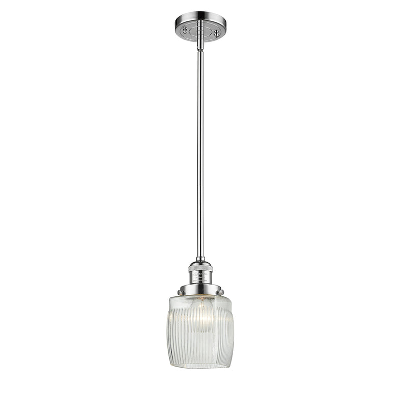 Colton Mini Pendant shown in the Polished Chrome finish with a Clear Halophane shade