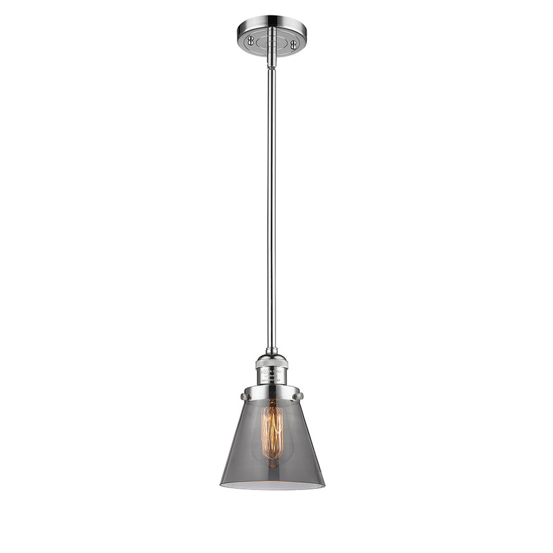 Cone Mini Pendant shown in the Polished Chrome finish with a Plated Smoke shade