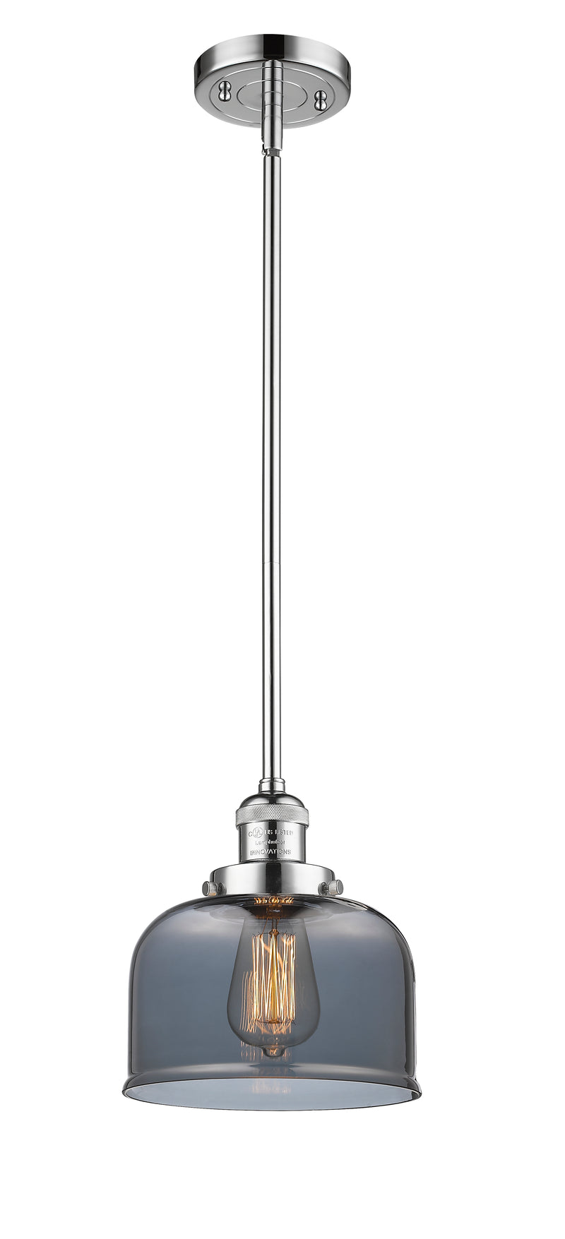 Innovations Lighting Large Bell 1-100 watt 8 inch Polished Chrome Mini Pendant with Smoked glass and Solid Brass Hang Straight Swivel 201SPCG73