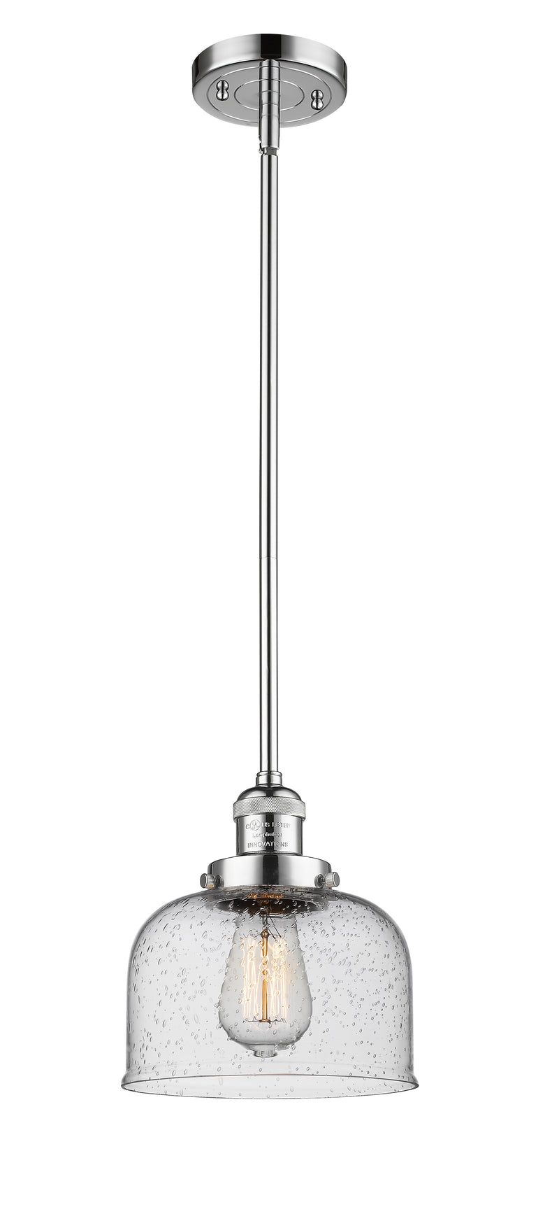 Innovations Lighting Large Bell 1-100 watt 8 inch Polished Chrome Mini Pendant with Seedy glass and Solid Brass Hang Straight Swivel 201SPCG74