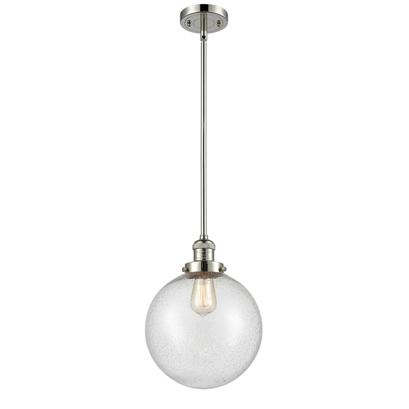 Beacon Mini Pendant shown in the Polished Nickel finish with a Seedy shade