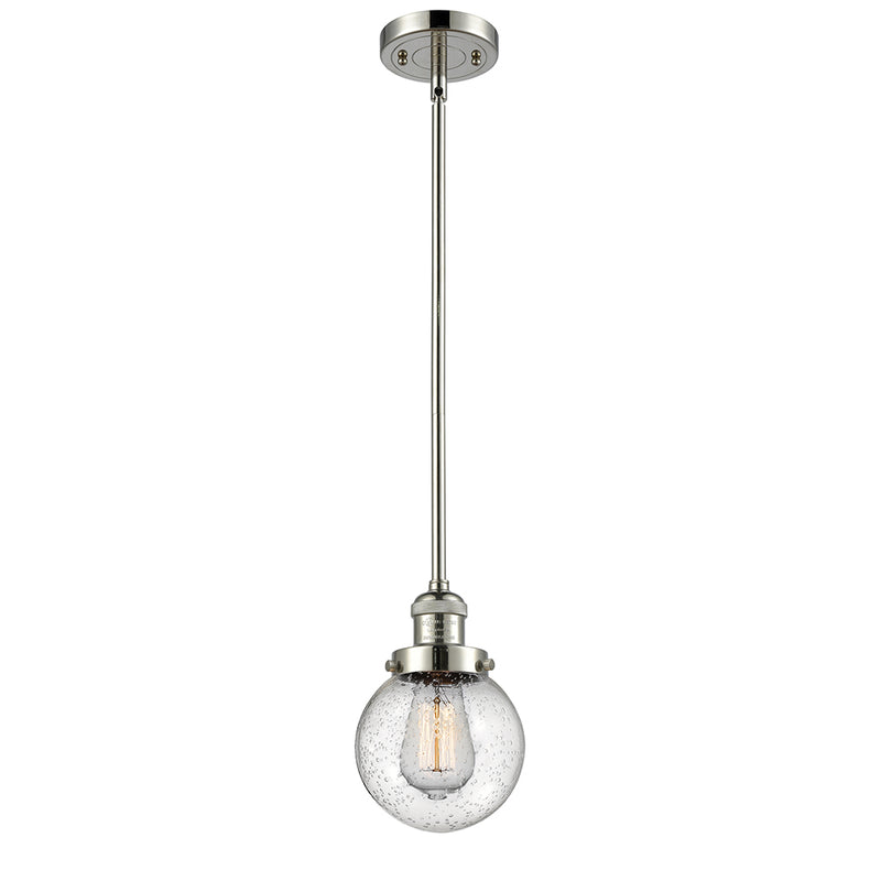 Beacon Mini Pendant shown in the Polished Nickel finish with a Seedy shade