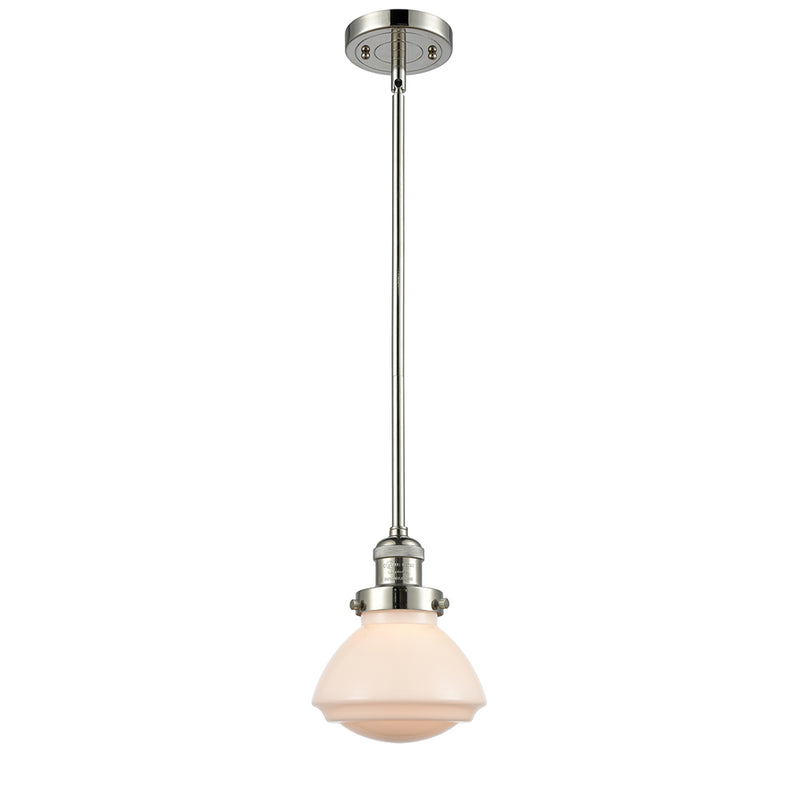 Olean Mini Pendant shown in the Polished Nickel finish with a Matte White shade