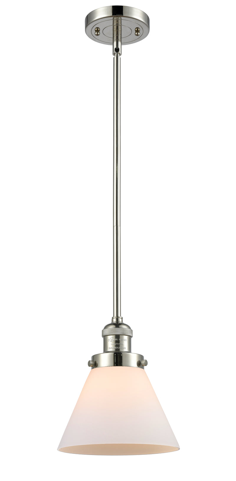 Innovations Lighting Large Cone 1-100 watt 8 inch Polished Nickel Mini Pendant with Matte White Cased glass and Solid Brass Hang Straight Swivel 201SPNG41