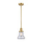 Bellmont Mini Pendant shown in the Satin Gold finish with a Clear shade