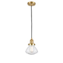 Olean Mini Pendant shown in the Satin Gold finish with a Seedy shade