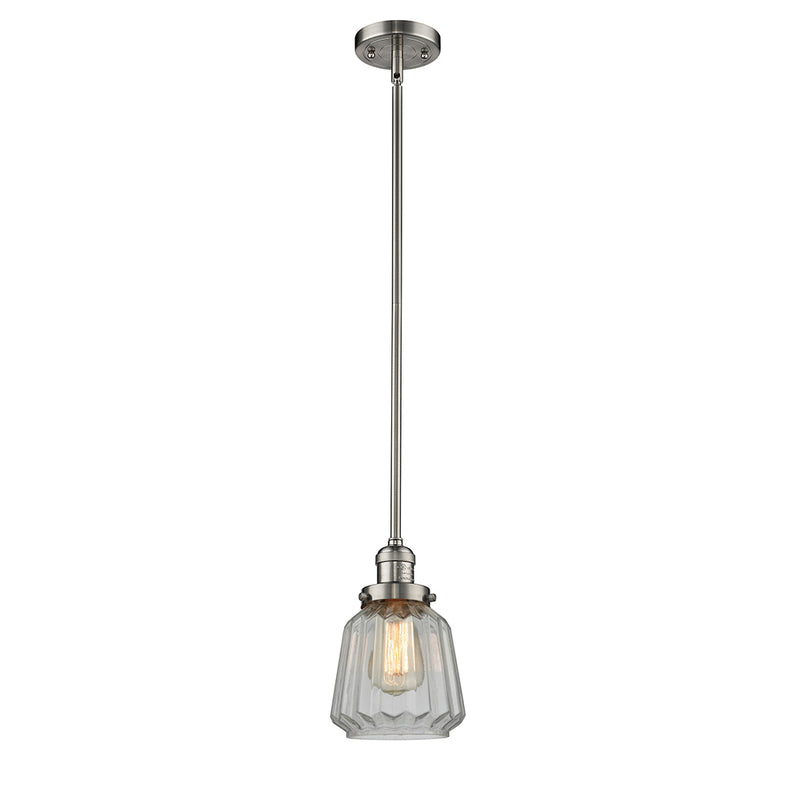 Chatham Mini Pendant shown in the Brushed Satin Nickel finish with a Clear shade