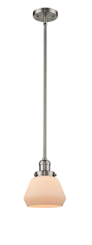 Innovations Lighting Fulton 1-100 watt 7 inch Brushed Satin Nickel Mini Pendant with Matte White Cased glass and Solid Brass Hang Straight Swivel 201SSNG171