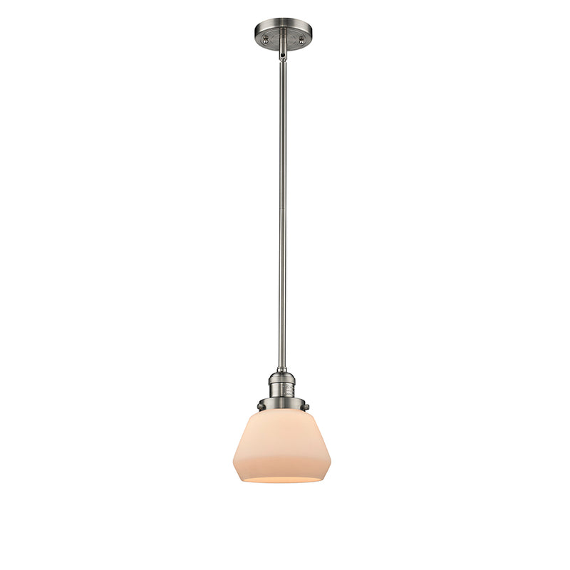 Fulton Mini Pendant shown in the Brushed Satin Nickel finish with a Matte White shade