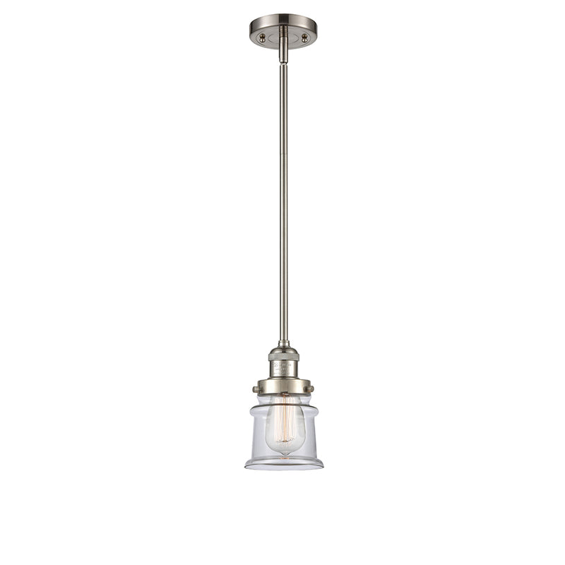 Canton Mini Pendant shown in the Brushed Satin Nickel finish with a Clear shade