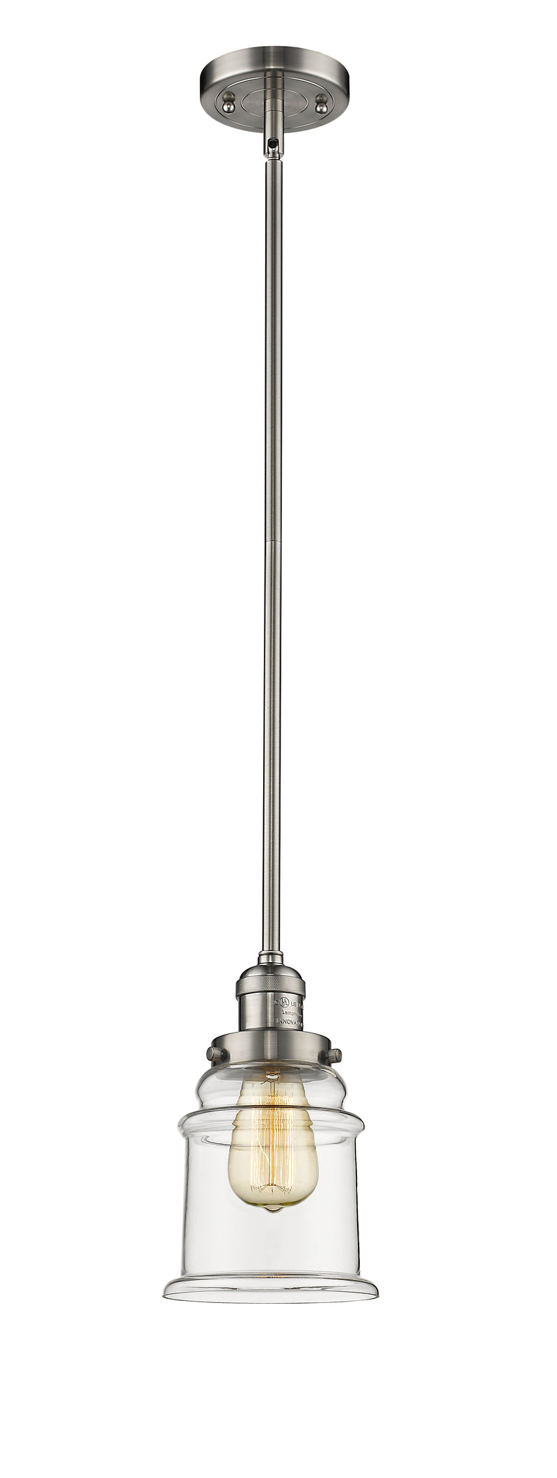 Innovations Lighting Canton 1-100 watt 6.5 inch Brushed Satin Nickel Mini Pendant with Clear glass and Solid Brass Hang Straight Swivel 201SSNG182