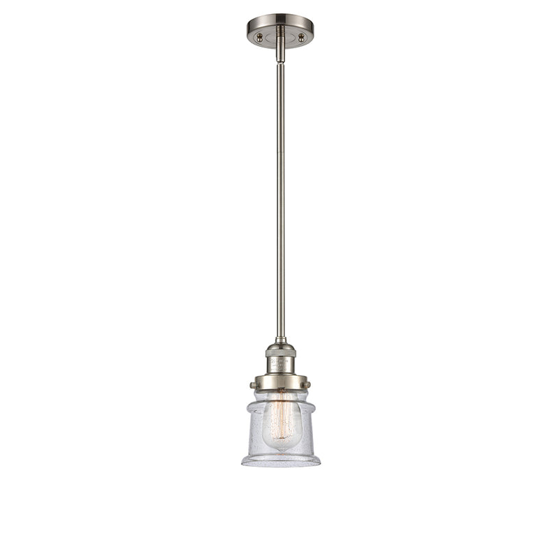 Canton Mini Pendant shown in the Brushed Satin Nickel finish with a Seedy shade