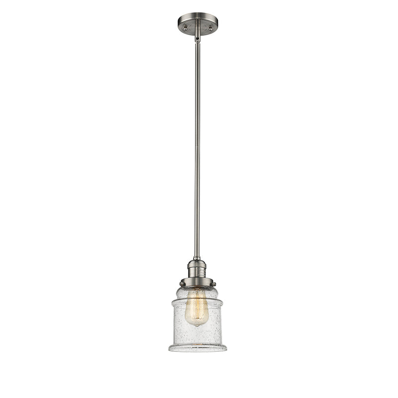 Canton Mini Pendant shown in the Brushed Satin Nickel finish with a Seedy shade