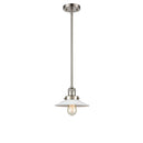 Halophane Mini Pendant shown in the Brushed Satin Nickel finish with a Matte White Halophane shade