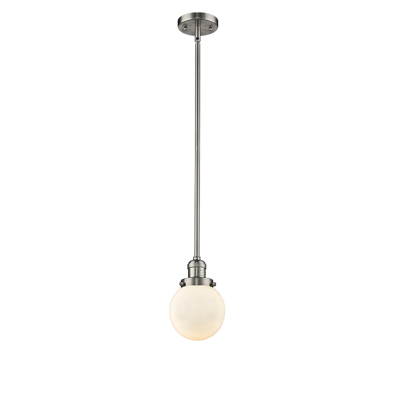 Beacon Mini Pendant shown in the Brushed Satin Nickel finish with a Matte White shade