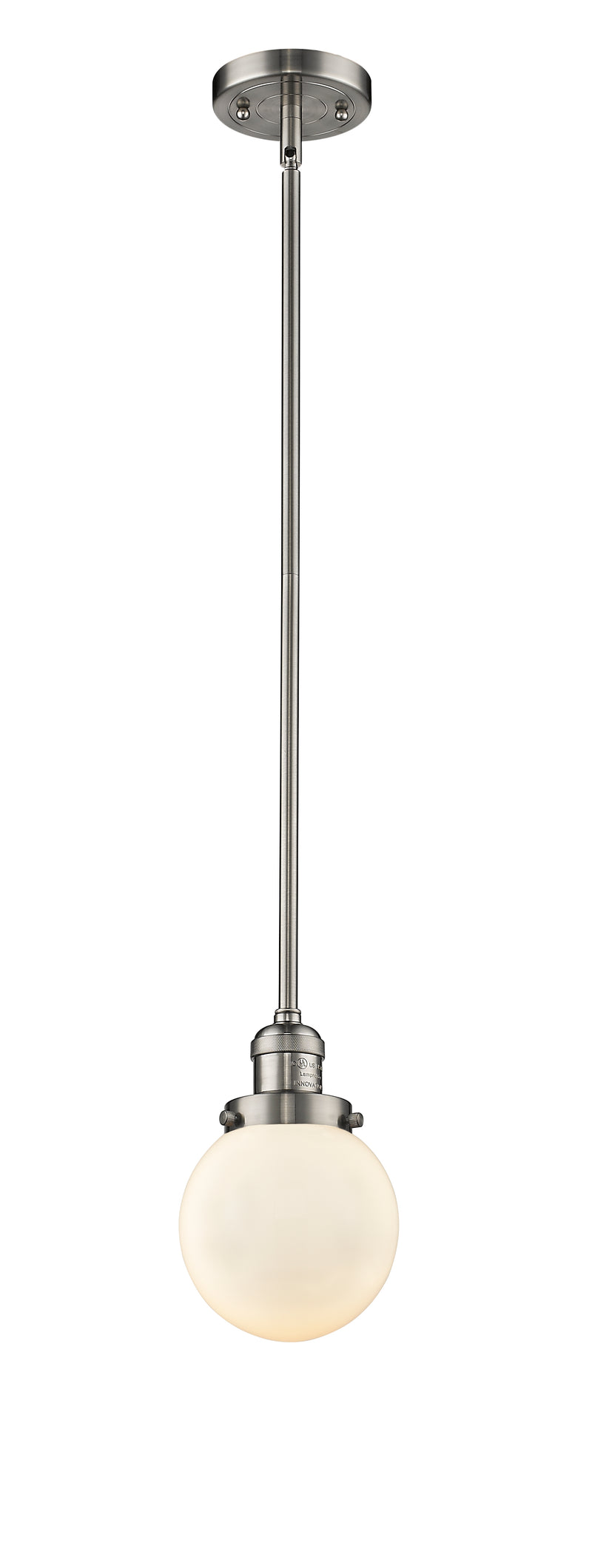 Innovations Lighting Beacon 1-100 watt 6 inch Brushed Satin Nickel Mini Pendant with Matte White Cased glass and Solid Brass Hang Straight Swivel 201SSNG2016