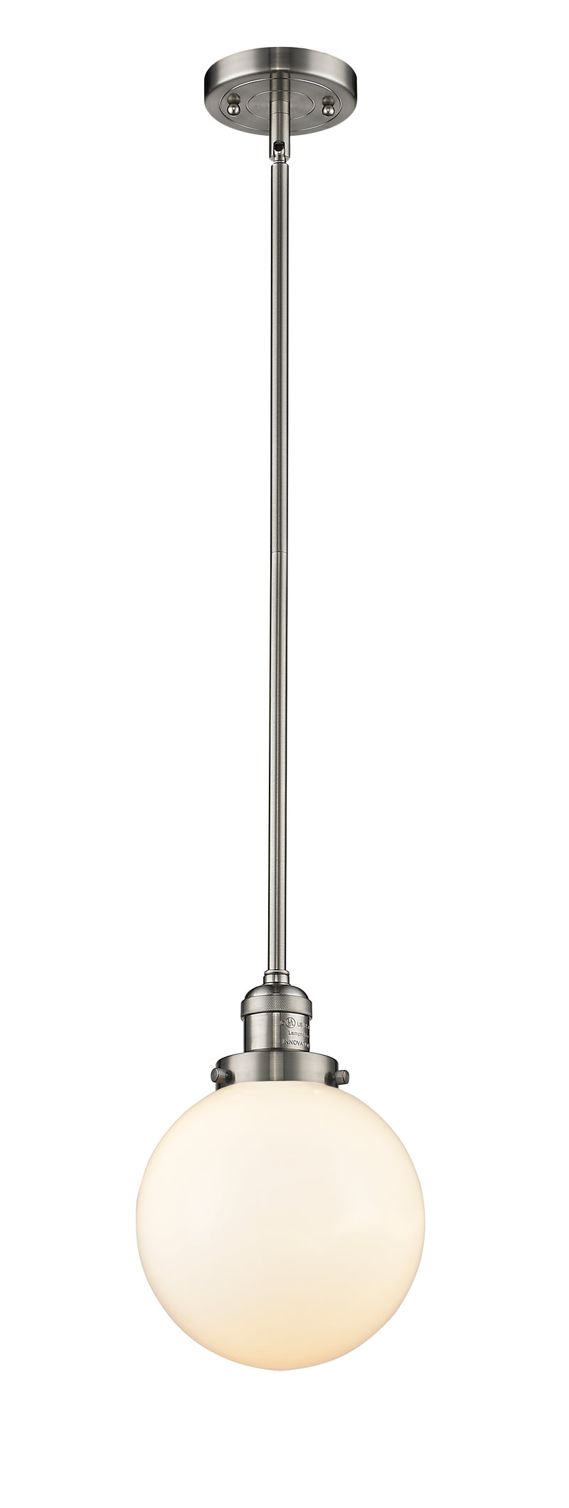 Innovations Lighting Beacon 1-100 watt 8 inch Brushed Satin Nickel Mini Pendant with Matte White Cased glass and Solid Brass Hang Straight Swivel 201SSNG2018