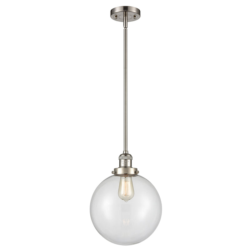 Beacon Mini Pendant shown in the Brushed Satin Nickel finish with a Clear shade