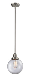 Innovations Lighting Beacon 1-100 watt 8 inch Brushed Satin Nickel Mini Pendant with Clear glass and Solid Brass Hang Straight Swivel 201SSNG2028