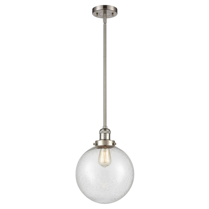 Beacon Mini Pendant shown in the Brushed Satin Nickel finish with a Seedy shade