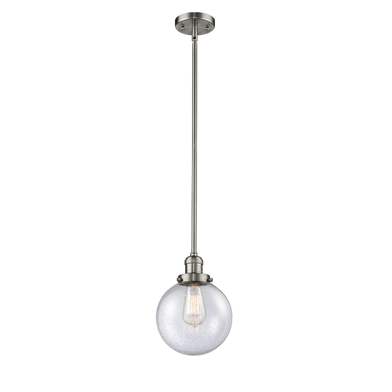 Beacon Mini Pendant shown in the Brushed Satin Nickel finish with a Seedy shade