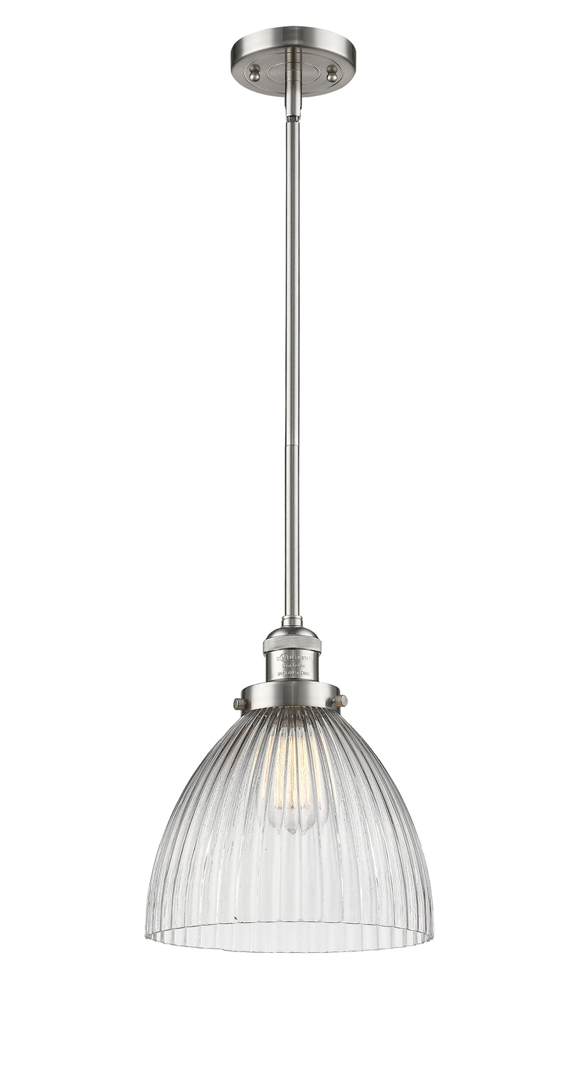 Innovations Lighting Seneca Falls 1-100 watt 10 inch Brushed Satin Nickel Pendant with Halophane glass and Solid Brass Hang Straight Swivel 201SSNG222