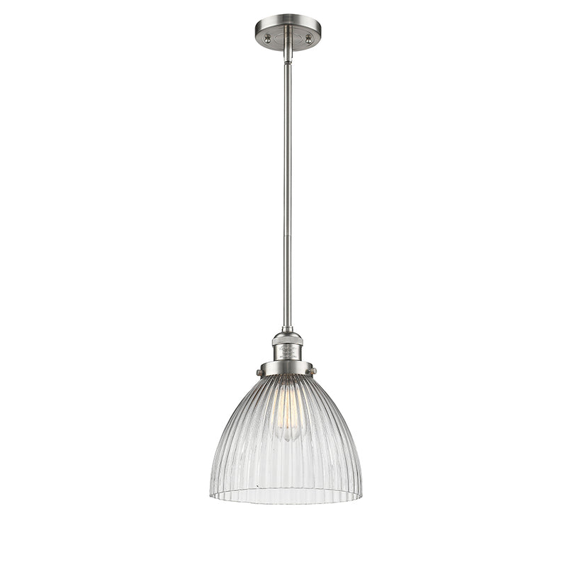 Seneca Falls Mini Pendant shown in the Brushed Satin Nickel finish with a Clear Halophane shade