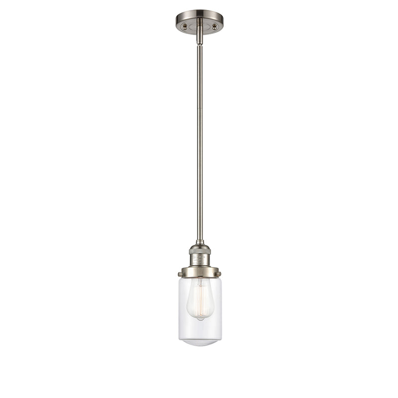 Dover Mini Pendant shown in the Brushed Satin Nickel finish with a Clear shade