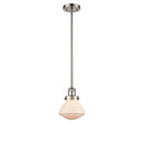 Olean Mini Pendant shown in the Brushed Satin Nickel finish with a Matte White shade