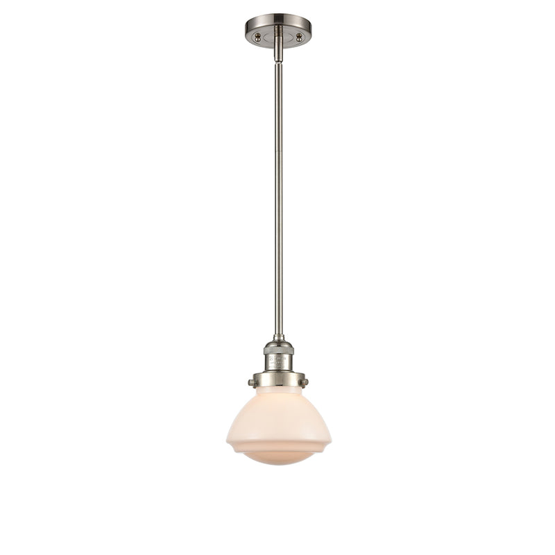 Olean Mini Pendant shown in the Brushed Satin Nickel finish with a Matte White shade