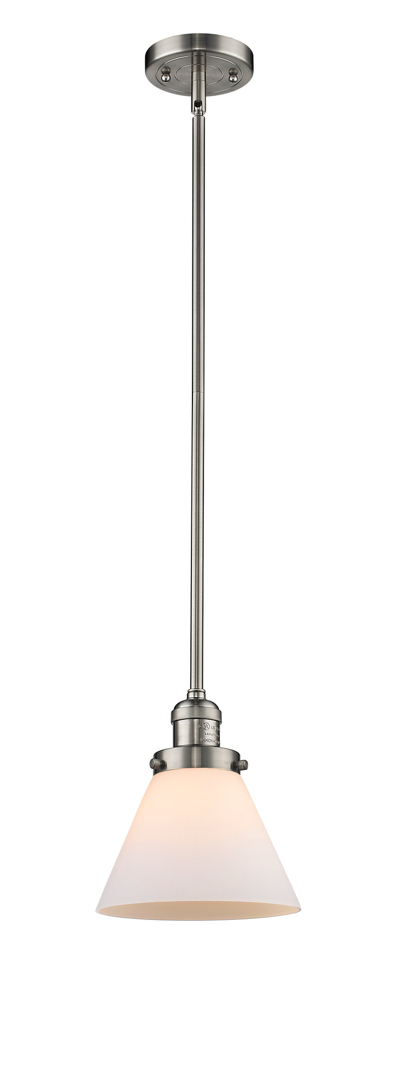 Innovations Lighting Large Cone 1-100 watt 8 inch Brushed Satin Nickel Mini Pendant with Matte White Cased glass and Solid Brass Hang Straight Swivel 201SSNG41