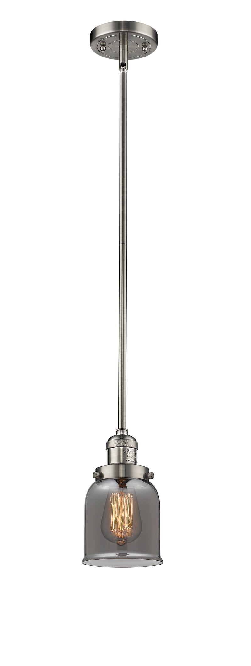 Innovations Lighting Small Bell 1-100 watt 5 inch Brushed Satin Nickel Mini Pendant with Smoked glass and Solid Brass Hang Straight Swivel 201SSNG53